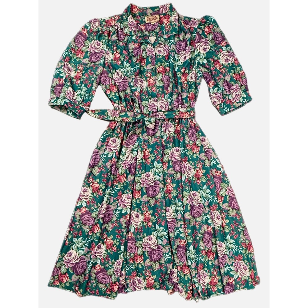 Vintage‎ California LOOK Floral Dress Made USA Green Purple Belted Midi